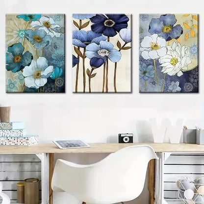 3pcs Abstract floral blue for Lotus Flowers Wall Art Canvas Unframed - High Quality Print 100% Australian Made Wall Canvas