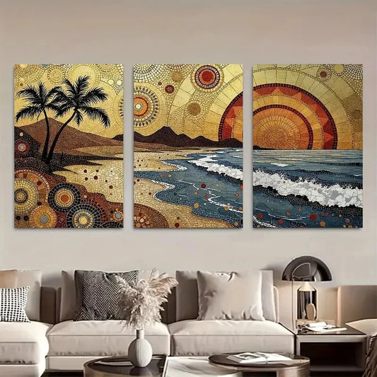 3pcs Golden and Blue Coastal Stunning Mosaic Beach Metal Print Ready to Hang Art