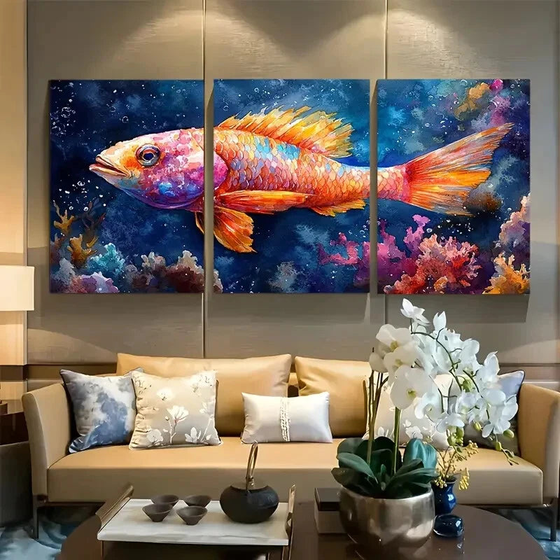 3pcs Vibrant Parrotfish with Coral Background Metal Print Ready to Hang Art