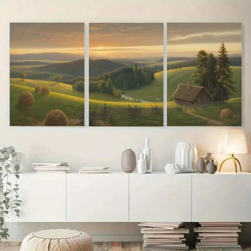 3pcs Rolling Hills Wooden Fence Cabin Painting Metal Print Ready to Hang Art