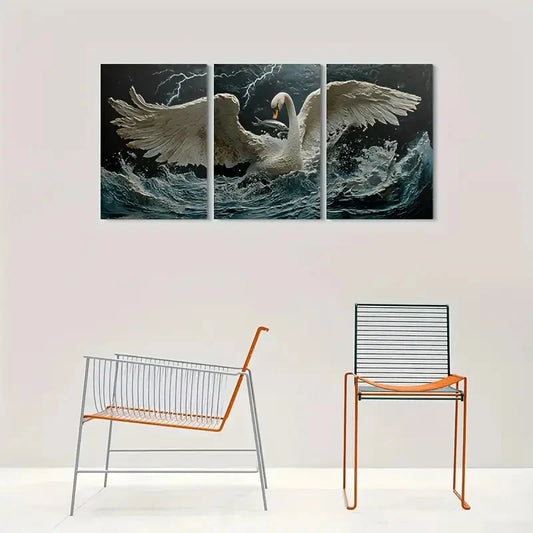 3pcs Nature Scene with Lightning & Waves Swan Metal Print Ready to Hang Art