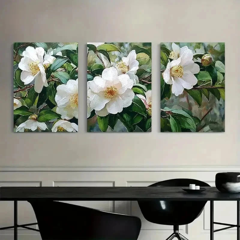 3pcs White Camellias in Full Bloom Modern Art Metal Print Ready to Hang Art