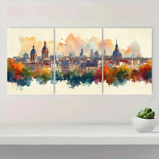 3pcs Rooftops Watercolor Cityscape Painting Metal Print Ready to Hang Art