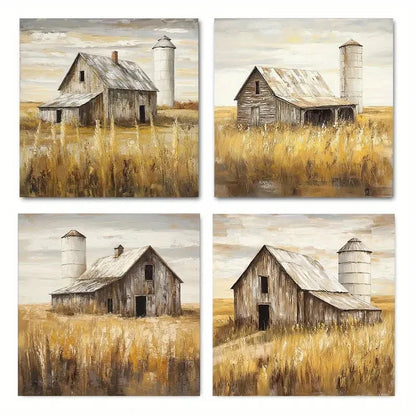 4pcsWeathered Barn & Silo ScenesWall Art Canvas Framed