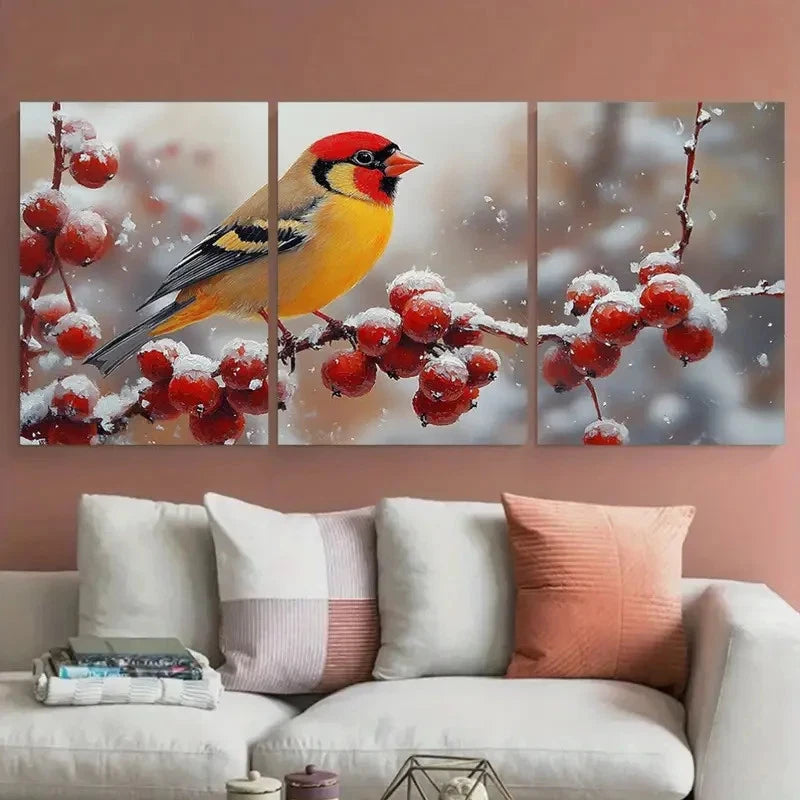 3pcs Goldfinch Small Birds with Fruits Design Metal Print Ready to Hang Art