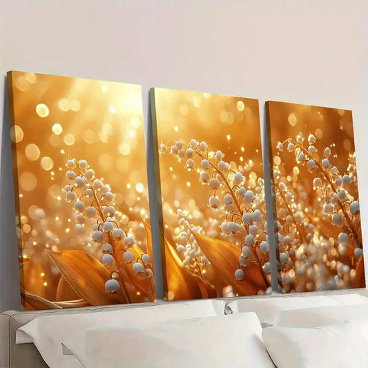 3pcs Lily of the Valley   Floral Art  A   Wall Art Set Canvas Framed 50x70cm - High Quality Print 100% Australian Made Wall Canvas Ready to Hang