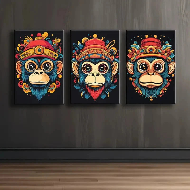 3pcs Cartoon Monkey Head Design Wall Art Set Canvas Framed 50x70cm - High Quality Print 100% Australian Made Wall Canvas Ready to Hang