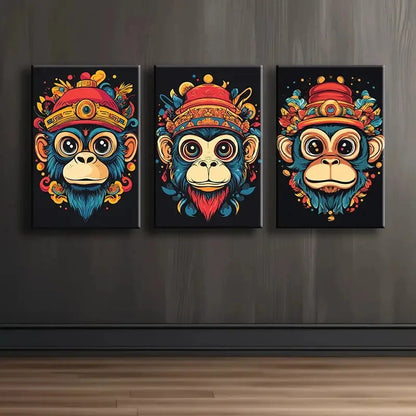 3pcs Cartoon Monkey Head Design Wall Art Set Canvas Framed 50x70cm - High Quality Print 100% Australian Made Wall Canvas Ready to Hang