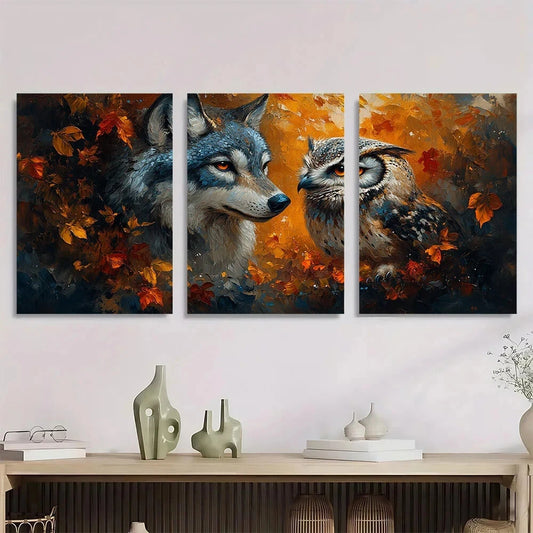 3pcs Animal Wolf and Owl Golden Leaves Metal Print Ready to Hang Art