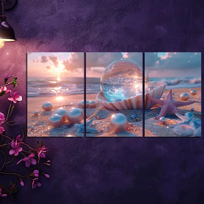 3pcs Opalescent Crystal Ball & Seashell Design Wall Art Set Canvas Framed 60x90cm - High Quality Print 100% Australian Made Wall Canvas Ready to Hang