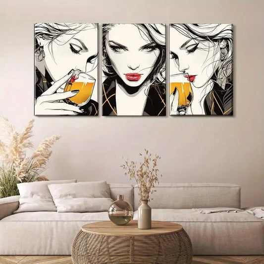 3pcs Women Drinking Cocktail Chic Poses Perfect Wall Art Set Canvas Framed 40x60cm - High Quality Print 100% Australian Made Wall Canvas Ready to Hang
