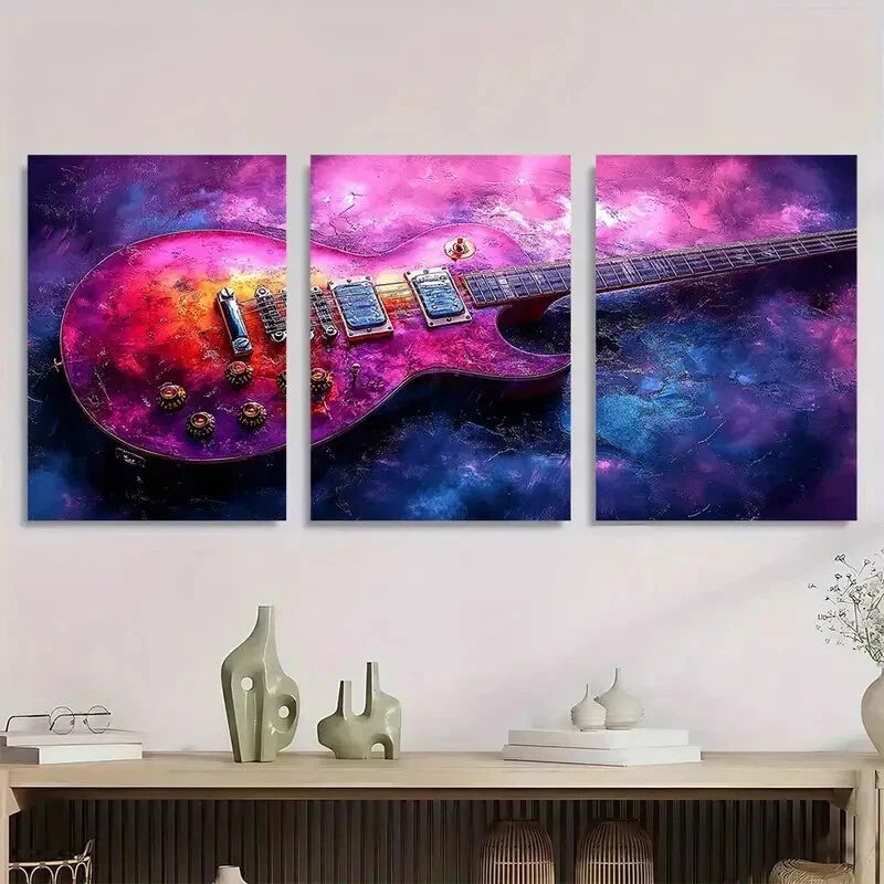 3pcs Vibrant Purple & Pink Guitar Design Metal Print Ready to Hang Art