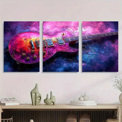 3pcs Vibrant Purple & Pink Guitar Design Metal Print Ready to Hang Art