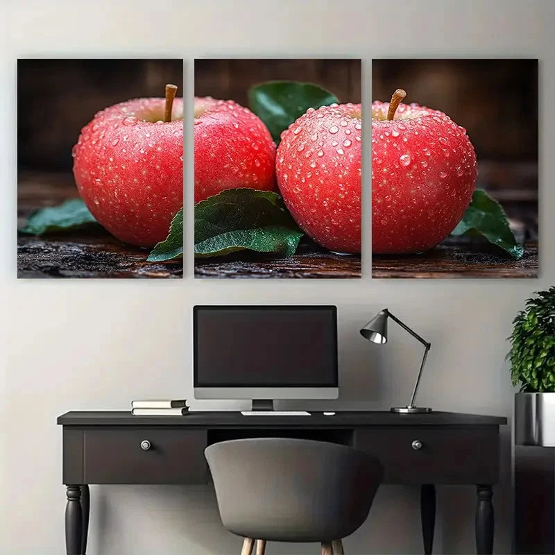 3pcs Red Apple with Leaves Illustration Metal Print Ready to Hang Art