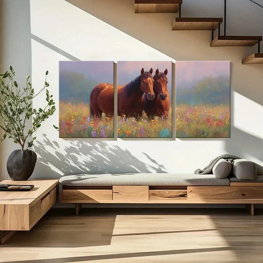 3pcs Artistic Horses In Floral Field Rustic Metal Print Ready to Hang Art