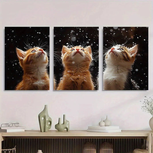3pcs Adorable Orange Cute Kitten Snowy Metal Print Ready to Hang Art