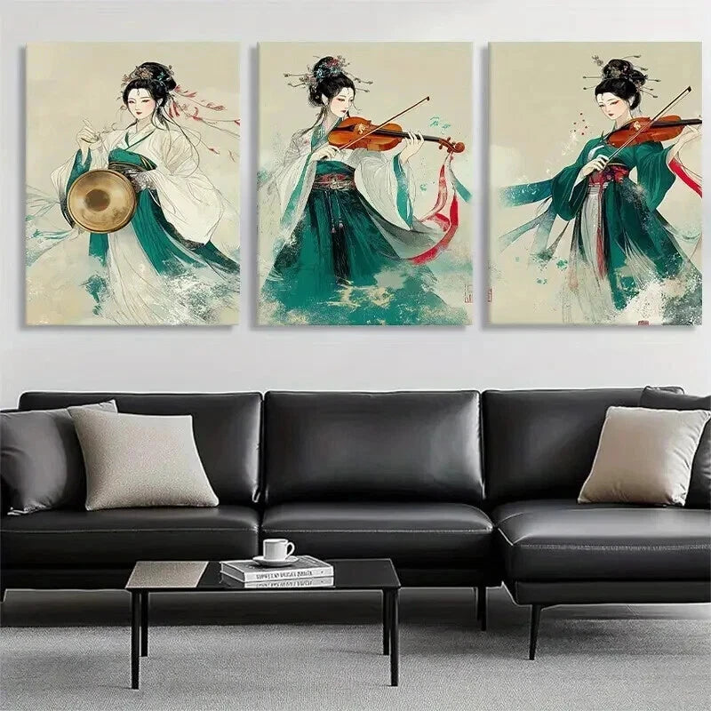 3pcs Women Playing Musical Instruments Perfect Wall Art Set Canvas Framed 40x60cm - High Quality Print 100% Australian Made Wall Canvas Ready to Hang