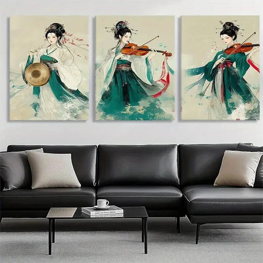 3pcs Women Playing Musical Instruments Perfect Wall Art Set Canvas Framed 40x60cm - High Quality Print 100% Australian Made Wall Canvas Ready to Hang