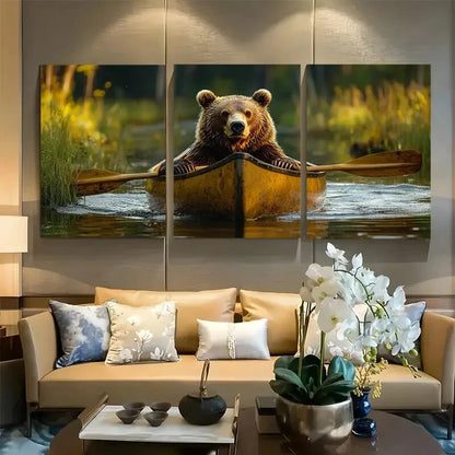 3pcs Giant Brown Bear in Canoe Metal Print Ready to Hang Art