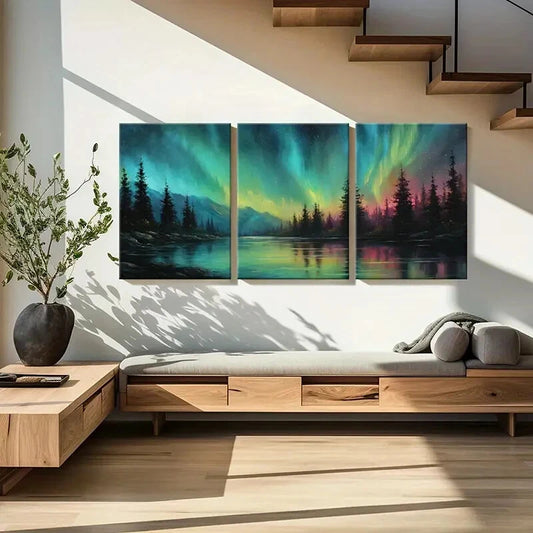 3pcs Northern Lights Landscape Forest Reflection Metal Print Ready to Hang Art