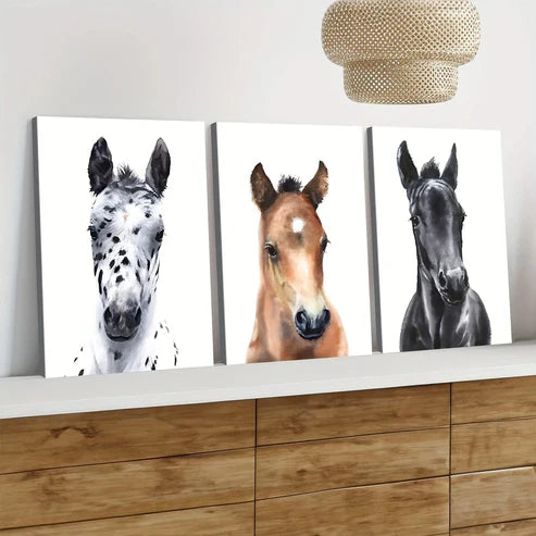 3pcs Chic Horse Modern Animal White Brown Black Wall Art Set Canvas Unframed - High Quality Print 100% Australian Made Wall Canvas