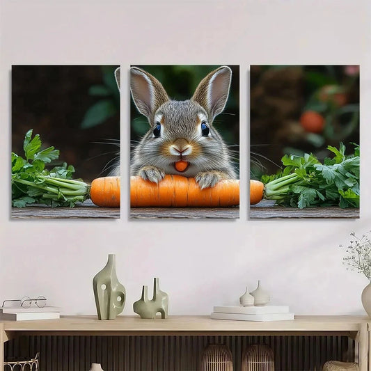 3pcs Rabbit Eats Carrot Painting Metal Print Ready to Hang Art