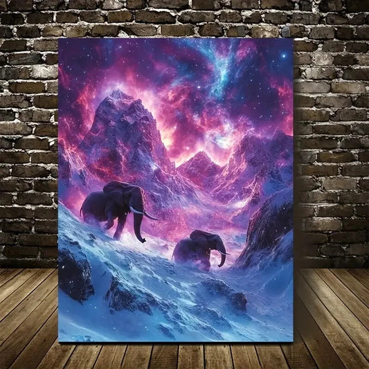 Vibrant Elephant Chase Scene Mystical Snowy Painting 40x60cm Metal Print Ready to Hang