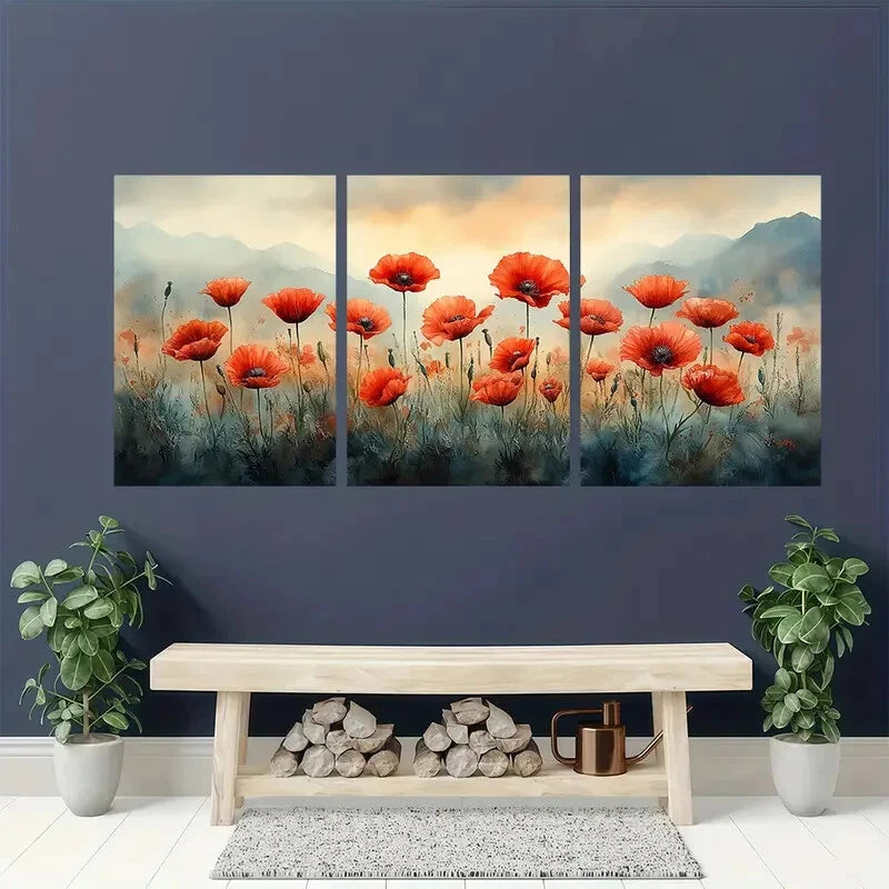 3pcs Red Poppy Meadow Watercolor Landscape Art Metal Print Ready to Hang Art