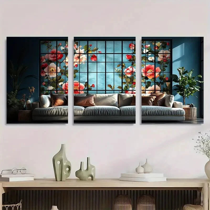 3pcs Charming Window Design with Red Metal Print Ready to Hang Art
