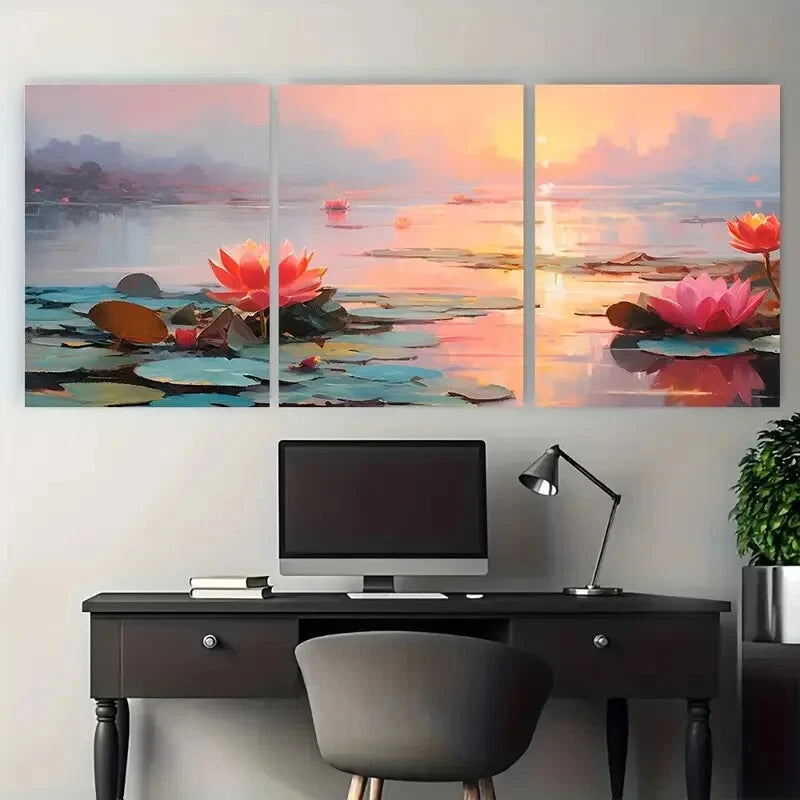 3pcs Nature Scene with Pink and Orange Flowers Metal Print Ready to Hang Art