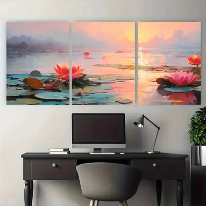 3pcs Nature Scene with Pink and Orange Flowers Metal Print Ready to Hang Art