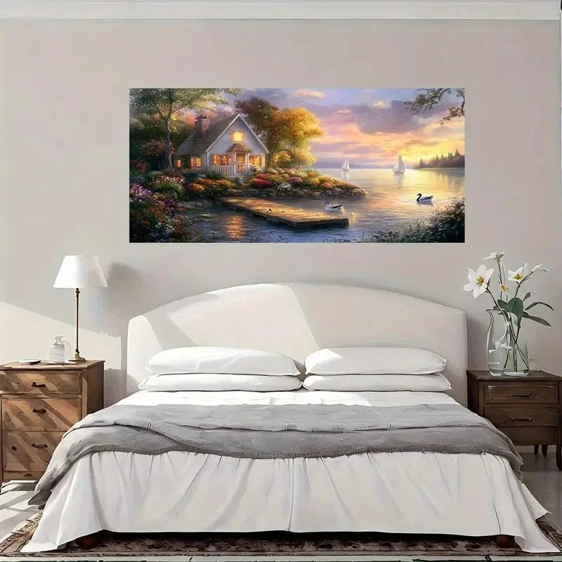 Lakeside House Sunset Wall Art Canvas Office Home Room Framed 120x60cm
