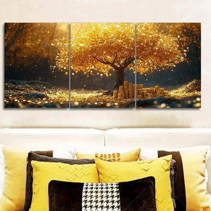 3pcs A Tree Made Of Golden Coins Metal Print Ready to Hang Art
