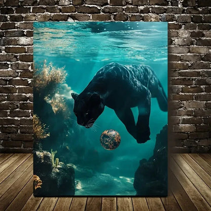 Panther Playing with Ball Underwater Painting 40x60cm Metal Print Ready to Hang