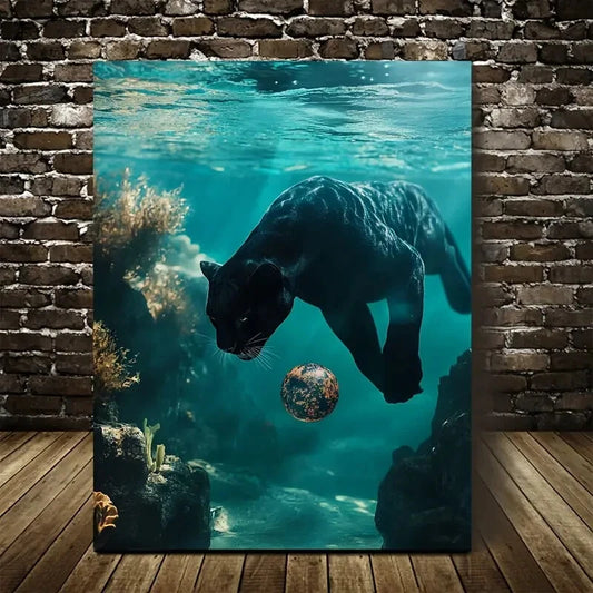 Panther Playing with Ball Underwater Painting 40x60cm Metal Print Ready to Hang