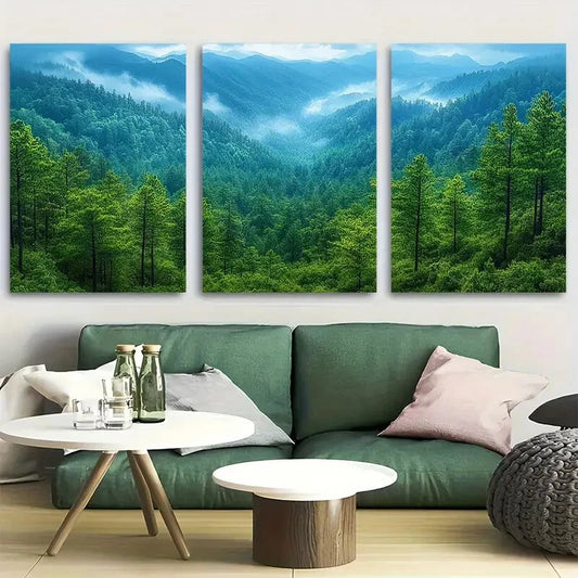 3pcs Emerald Green Forest Landscape Metal Print Ready to Hang Art
