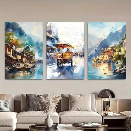3pcs Vibrant Watercolor Indian Landscapes Metal Print Ready to Hang Art