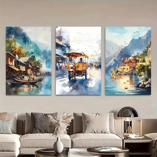 3pcs Vibrant Watercolor Indian Landscapes Metal Print Ready to Hang Art