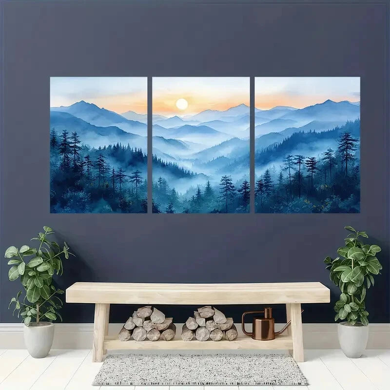 3pcs Mountains Watercolor Landscape Painting Metal Print Ready to Hang Art