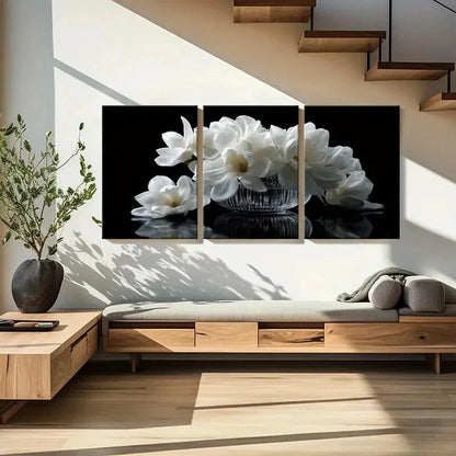 3pcs Elegant White Flowers In Crystal Vase Metal Print Ready to Hang Art