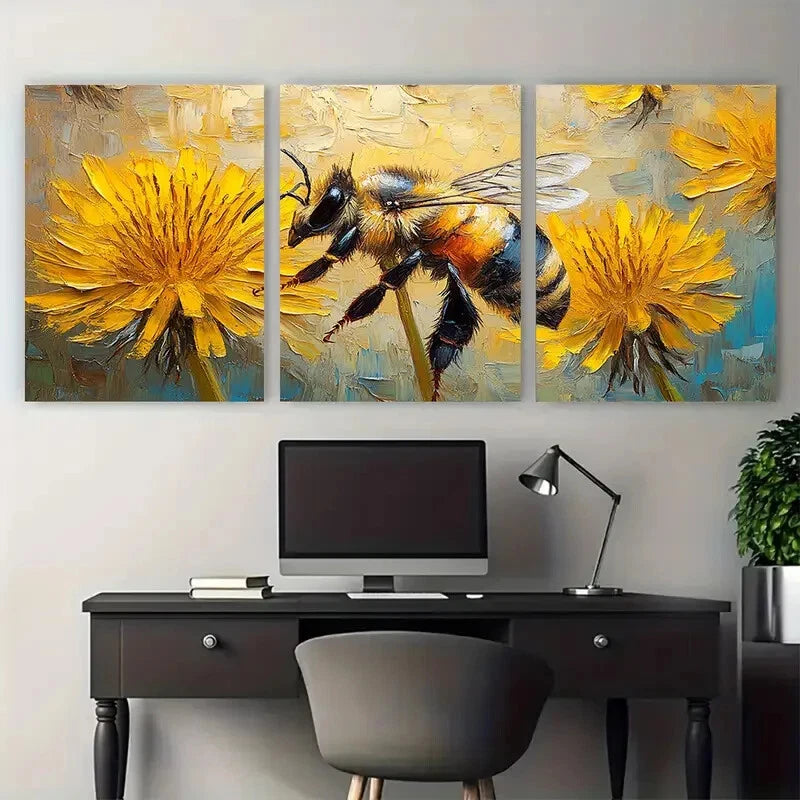 3pcs Vibrant Dandelion Honeybee Illustration Metal Print Ready to Hang Art