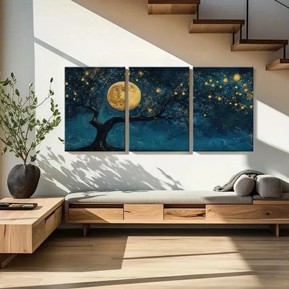 3pcs Moonlit Night Glowing Tree Celestial Sky Metal Print Ready to Hang Art