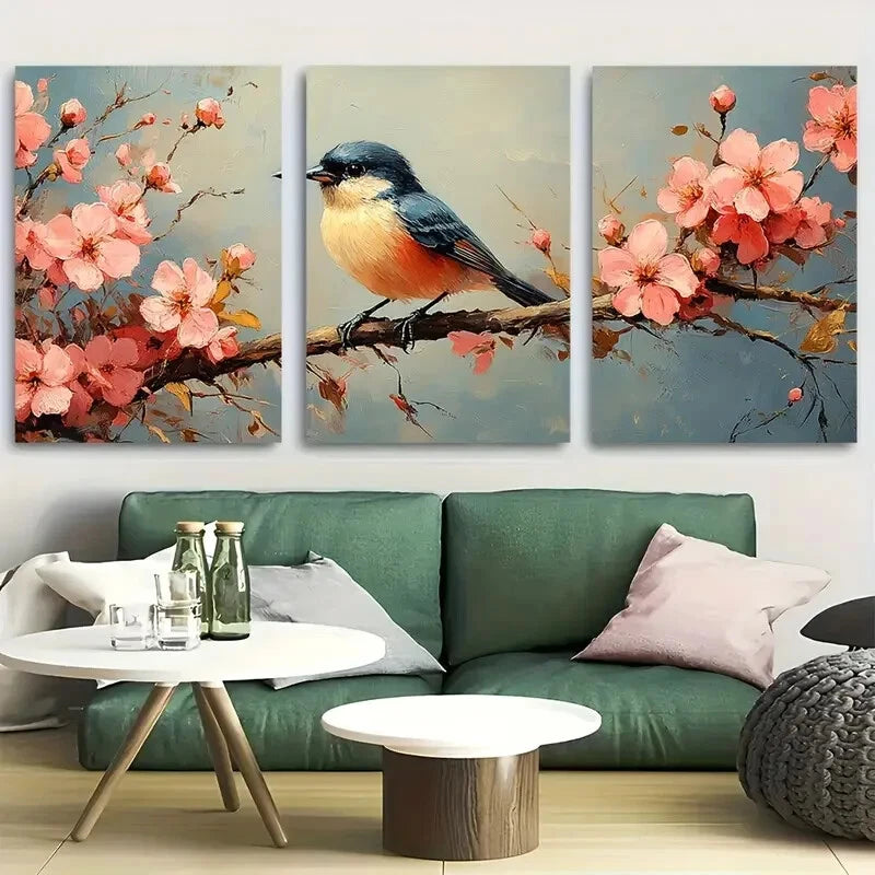 3pcs Cherry Blossom Sparrow Metal Print Ready to Hang Art