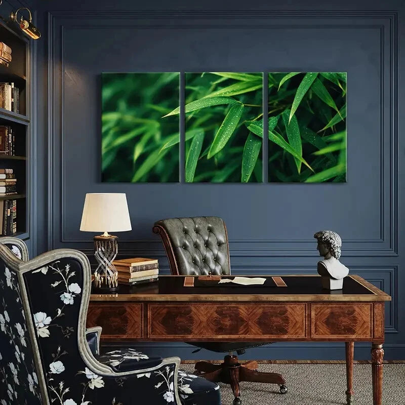 3pcs Green Bamboo Leaves Dew Drops Nature Metal Print Ready to Hang Art