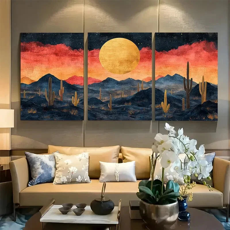 3pcs Abstract Cactus Desert Design Metal Print Ready to Hang Art
