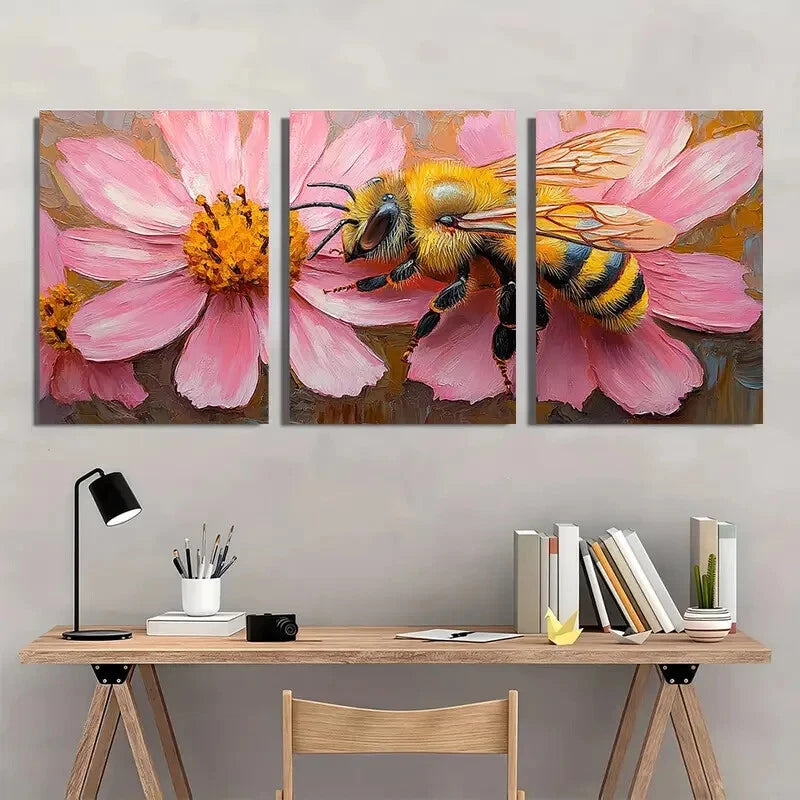 3pcs Vibrant Honeybee and Pink Flower Impasto Metal Print Ready to Hang Art