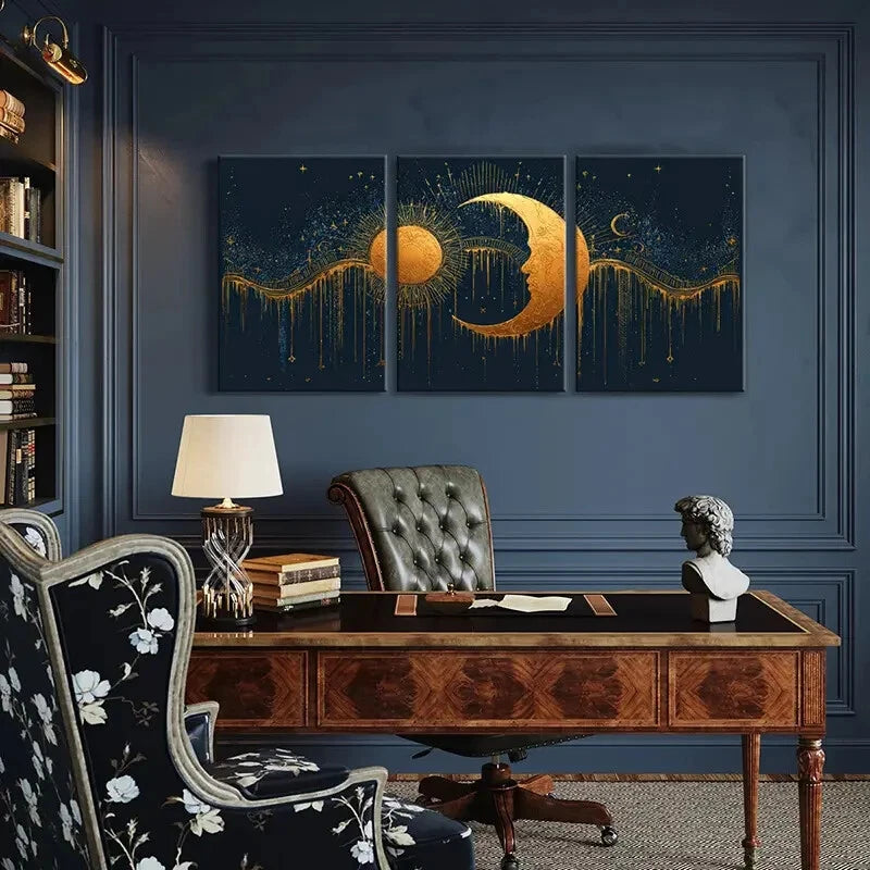 3pcs Sun Moon Celestial Art Golden Glow Night Sky Metal Print Ready to Hang Art