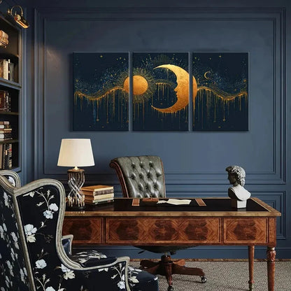 3pcs Sun Moon Celestial Art Golden Glow Night Sky Metal Print Ready to Hang Art