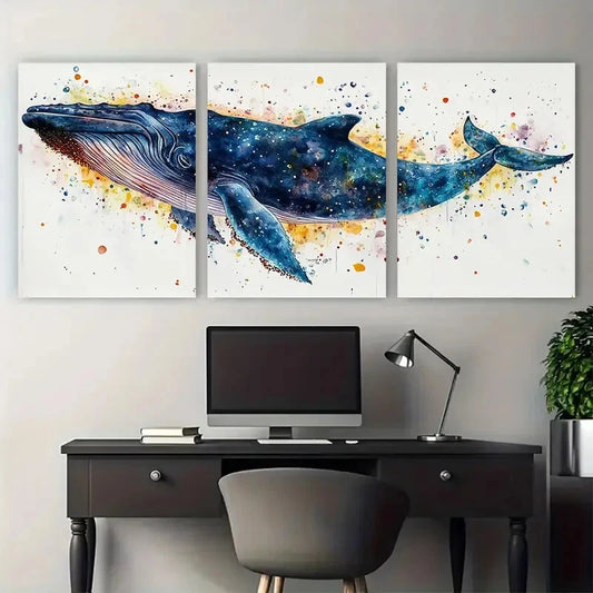 3pcs Majestic Sea Life Blue Whale Watercolor Metal Print Ready to Hang Art