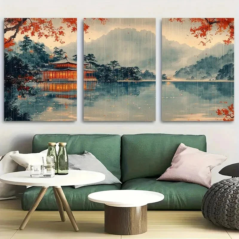 3pcs Rain at Lake Hakone by Tsuchiya Koitsu Ukiyo Metal Print Ready to Hang Art